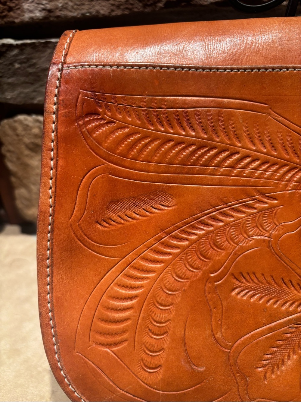 Sereno Vintage Tooled Leather Crossbody Bag in Caramel with Floral Design - Picture 7 of 13